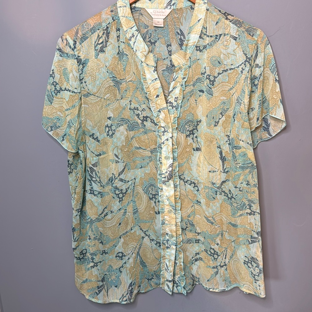 CJ Banks blouse Sea Green pattern. Size 1X
